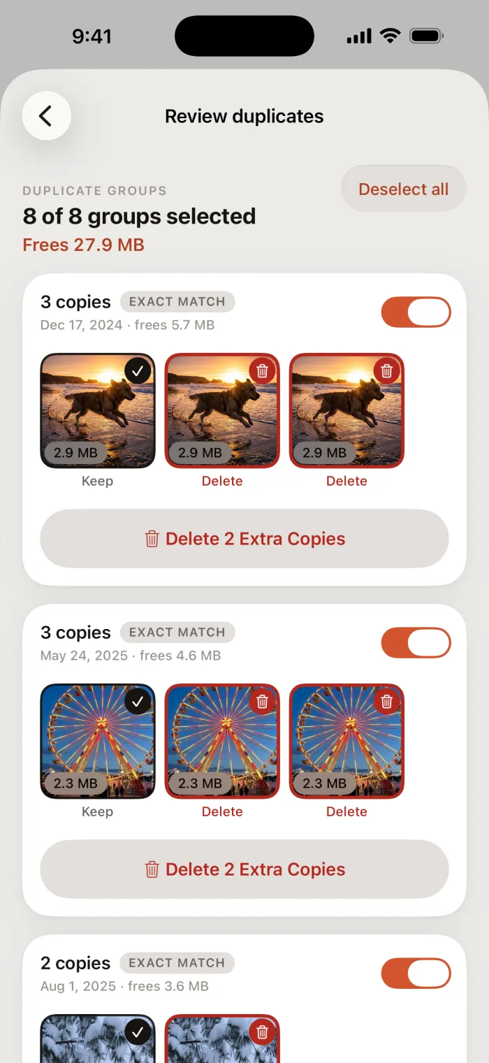 Review duplicates: eight groups selected, freeing 27.9 MB. Each group shows every copy side by side, one marked Keep and the rest marked Delete.